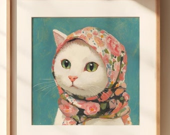 Babushka White Cat, nursery cat print, digital cat room decor, cute pastel vintage farmhouse antique printable, white tabby cat, cat feline