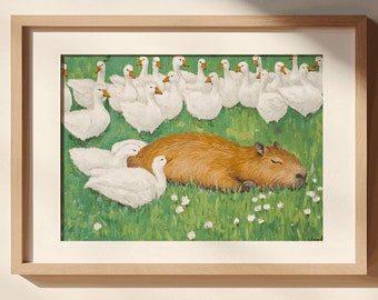Silly Goose and Capybara, cute capybara nursery, silly goose nursery, capybara nursery decor, cottagecore wall art, farmhouse wall art