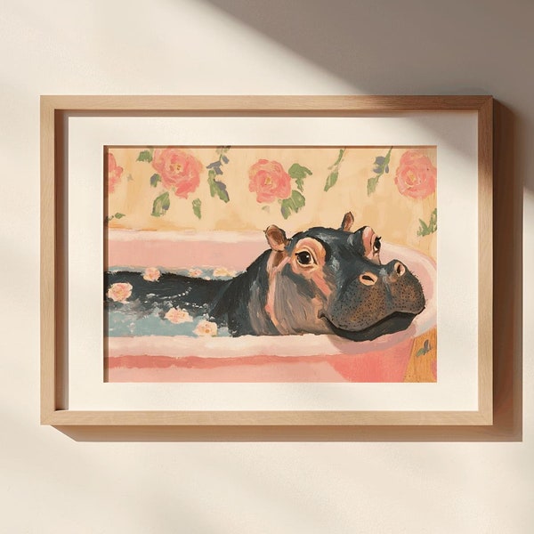 Ippopotamo cucciolo in una vasca da bagno vintage, bagno in stile cottage rose, ippopotamo nella vasca, arte murale per il bagno, animale nella vasca da bagno, animale nella vasca da bagno, bagno per bambini