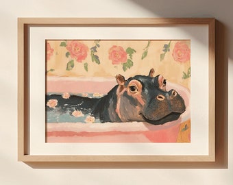 Baby hippo in a Vintage Bathtub, cottage rose bath style, hippo in tub, bathroom wall art, bathtub animal, animal in bathtub, kids bathroom