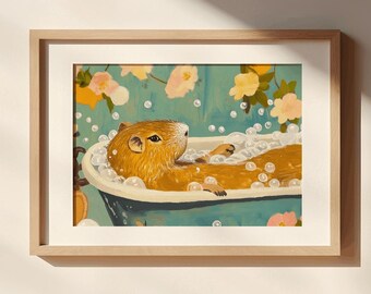 Capybara Bathroom Bathtub Art, capybara print, capybara painting, bathroom prints, bathtub art, bathtub decoration, animals bathtub print