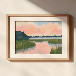 Pastel Marsh Sunset Landscape Painting, carolina lowcountry coastal watercolor wall art print, pink beach house printable