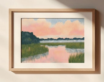 Pastellfärgad landskapsmålning med solnedgång i träsk, akvarell väggkonsttryck i Carolina Lowcountry-kusten, utskrivbar i rosa strandhus