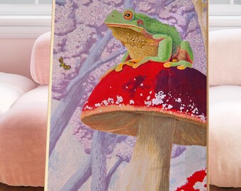 Vintage Botanist Frog Poster, red mushroom nursery, frog woodlands art, woodland nursery print, vintage toad art, summer wetlands, marsh