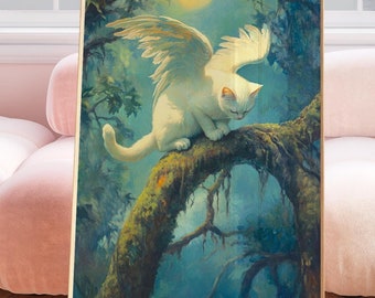 May include: A white cat with wings sits on a branch in a forest. The cat is looking down at something off-screen. The background is a blue and green forest scene with a moon in the sky.