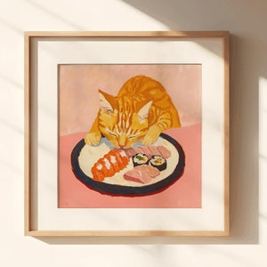 Sushi Orange Tabby Cat Poster Tokyo Art Print, oishii cat print, delicious japanese food art, kitchen wall art, sushi wall art, hungry cat