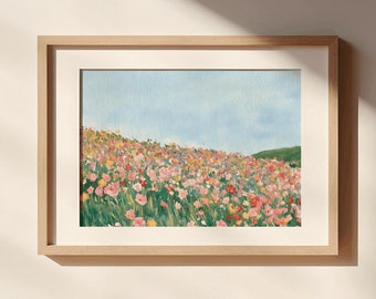 Dipinto di prato primaverile, dipinto di paesaggio vintage, arte murale vintage di campagna francese, prato primaverile antico, arte murale primaverile cottagecore