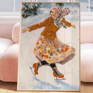 Classy Woman Ice Skating, feminist christmas art, divine feminine winter christmas, christmas wall art, vintage ice skating print