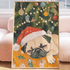Christmas Pug Painting, pug dogs painting, pug lover gifted, dog mum pug, french pug print, festive pug, digital download pug