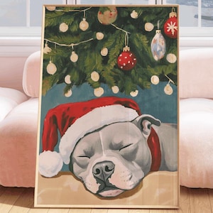 Staffordshire Bull Terrier Painting, nursery dog wall art, pitbull christmas, meditation painting, spiritual dog art, festive pitbull