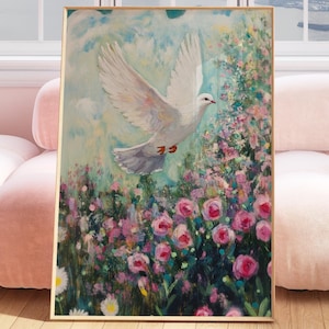 Dove above Roses Painting, holy spirit dove wall, vintage dove drawing, dove girl gift, peace dove poster, peace art wall decoration