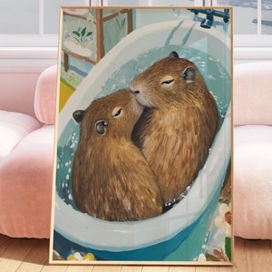 Capybara Couple in Bathtub, bathroom capybara print, capybara wall art, capybara decor, bathroom posters, whimsical bathroom paintings