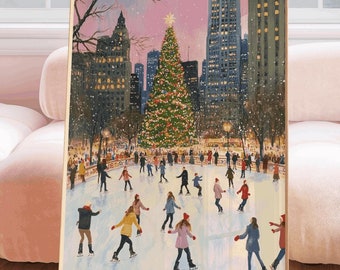 Christmas in the city painting, NYC ice skating wall art print, Central Park Wollman Rink printable, pastel holiday digital download