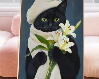 黒猫と花のウォールアート、子猫のイラスト、女の子の花のアート