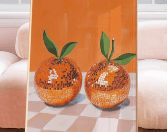 Disco sinaasappels Art Print, muurkunstposter, glamour discobal sinaasappels, preppy trendy, fruit, keukeninrichting, digitale download, afdrukbaar