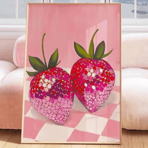 Pink Disco Strawberries Art Print, wall art poster, glam disco ball red strawberries, preppy, trendy, kitchen decor, digital printable