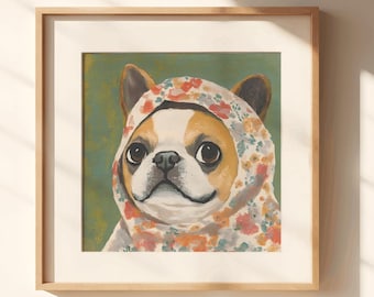 Biało-beżowa Babuszka Buldog Francuski, ścienna sztuka z Buldogiem Francuskim, miłośnicy Buldogów Francuskich, Buldog Francuski słodki, dekoracja z Buldogiem Francuskim