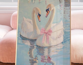 Swan art print, vintage printable wall art, pastel farmhouse nursery painting, antique swan wall art, coquette swan print, newly wed art
