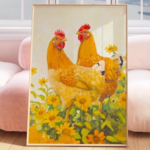 Buff Orpington Chickens, chickens wall art, cottage-core decor, cottage core print, farmhouse print, chickens grandma gift, chickens print