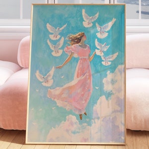 Dove above Roses Painting, holy spirit dove wall, vintage dove drawing, dove girl gift, peace dove poster, peace art wall decoration