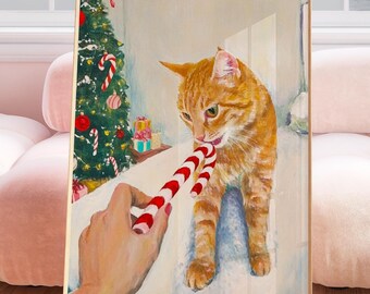 Ginger Tabby Cat Christmas, christmas cat painting, tabby cat orange, orange tabby cat gift, orange cat painting, christmas kitten print
