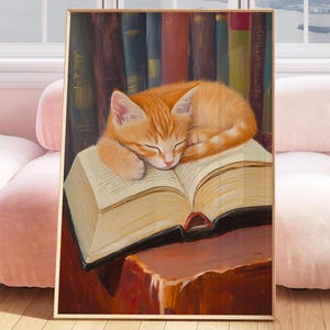 Orange Ginger Cat Book Lover, bookish cat gift, reading room wall art, study room wall art, bookshelf decor, cat wall art, ginger tabby cat