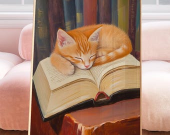 Orange Ginger Cat Book Lover, bookish cat gift, reading room wall art, study room wall art, bookshelf decor, cat wall art, ginger tabby cat