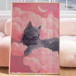 Russian Blue Grey Cat memorial art, grey cat print, grey cat artwork, grey cat painting, grey cat gift, pink clouds art, grey cat mom