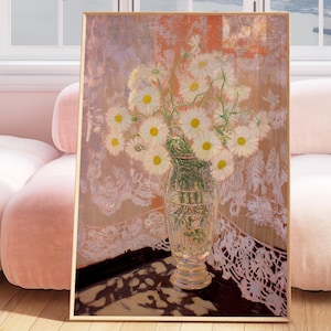 Floral Still Life White Daisy, cottagecore daisy flowers, feminine floral wall art, girls nursery room art, flower in vase painting