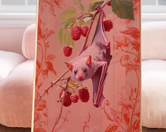 Morcegos-da-fruta albinos | Impressão gótica de cottagecore escuro, pintura a óleo botânica vintage, arte de parede gótica, decoração caprichosa, impressão de academia escura