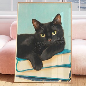 Black Cat Book Worm, Black Cat Book Lover Print, stack of books painting, bookworm printable art, trendy wall art, digital print, cat art
