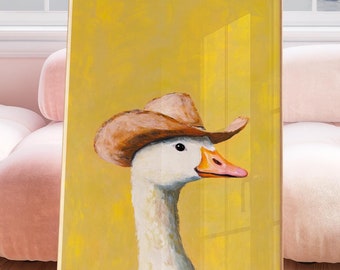 Impressão de ganso de cowboy bobo, arte para impressão de berçário marrom ocidental, arte de parede de animal de quarto de menino neutro do sudeste, arte de chapéu de cowboy
