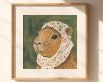 Cottagecore Capybara Print, Bauernhaus Dekoration, Geschenk zur Taufe, Geschenk für Nagetiere, Nagetier Zeichnung, Capybara