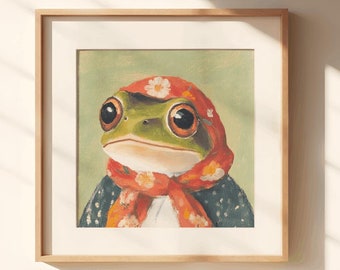 Babushka Frog, frog cottagecore, frog nursery wall art, frog print, vintage frog, frog lovers gift, frog aesthetic, green frog, frog meme