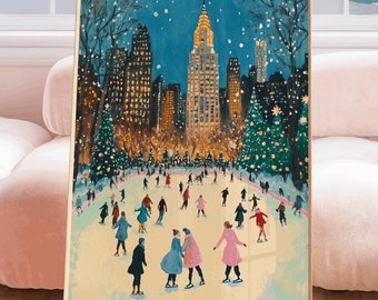 May include: A framed painting of a winter scene in a city. The painting depicts a snowy cityscape with people ice skating on a frozen pond. The buildings in the background are lit up with twinkling lights. The painting is set against a pink wall with a window behind it.