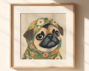 Babuschka Mops, Mopsmalerei, begabter Mops, Hundemama Mops, französischer Mops Druck, goldener Mops, Mops Kinderzimmer Wandkunst, digitaler Mops, lustiger Mops