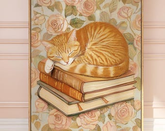 Orange Cat Book Worm, orange tabby cat book lover print, stack of books painting, bookworm printable art, trendy wall art, digital print
