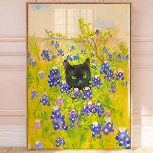 Black Cat Spring Flower Field, cottagecore black cat, farmhouse black cat, monet cat, klimt cat art print, lavender flower print, cute cats