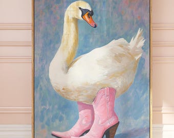 Swan with Cowboy Boots, coastal wall art, aesthetic blue navy wall posters, navy blue wall art, coastal cowgirl wall, beach house art