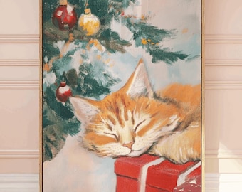 Ginger Tabby Cat Christmas, christmas cat painting, tabby cat orange, orange tabby cat gift, orange cat painting, christmas kitten print