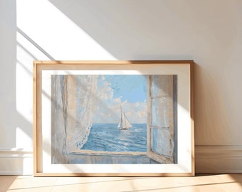 Impression murale de fenêtre côtière, art de l'océan cottagecore, impression d'art de plage vintage, peinture sur l'océan, décoration de maison de plage, gros caractères, art mural côtier