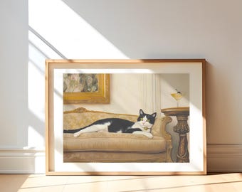 Tuxedo cat with red wine art print, cute quirky whimsical, cocktail art, bar cart decor, fine art print gift, trendy home wall art.