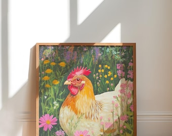 Floral Huhn Art, Hühner Wandbild, Cottage-Core-Dekor, Cottage-Core-Druck, Bauernhaus-Druck, Hühner Oma Geschenk