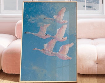 Flying Swans, swans gift, swan art-print, swan nursery, swan wall art, princess swan, vintage swan art print, decorative bird, girls room
