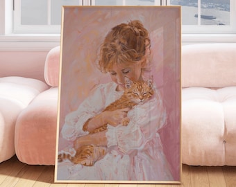 Little Girl Ginger Cat, nursery wall art print, digital little kids room decor, cute pastel vintage farmhouse antique printable, orange cat