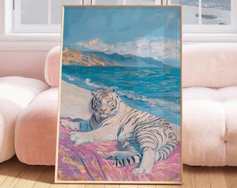 White Albino Tiger Print, retro tiger pink preppy maximalist wall art, tiger sunglsses, preppy aesthetic room decor, trendy tiger print