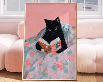 Schwarze Katze Katzenbild, Bücherstapel Malerei, Bücherwurm, Katzen Katze, Katzen Bilder, Katzen Bilder, Digitaldruck