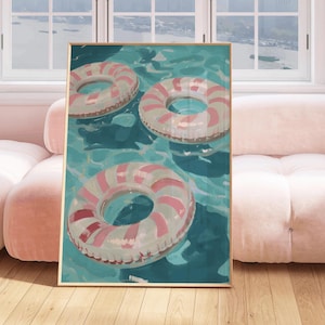 Pink and White Striped Tube Painting, summer pool float wall art print, beach house digital download, pastel coastal printable, pool floats