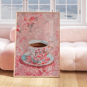 Pink Chinoiserie Tea Cup, grandmas teacup pink print digital downloadable wall art trendy decor abstract vintage painting english garden