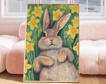 Stampa artistica del coniglietto pasquale, dipinto di famiglia di conigli primaverili, arte murale di conigli stravaganti, arredamento rustico per la cameretta dei bambini, narcisi primaverili, arte primaverile del coniglio